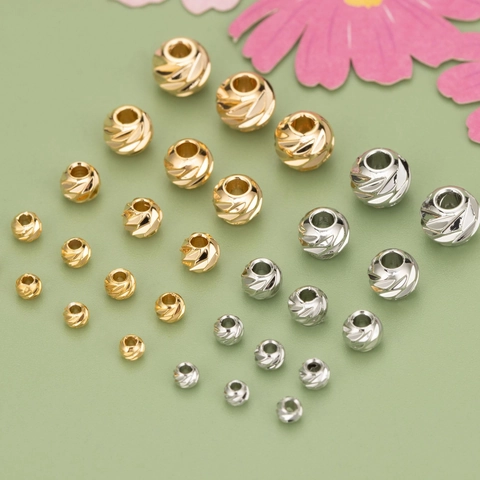 Cuentas Espaciadoras Redondas Facetadas de Cobre Bañado en Oro 18K Rodio Textura Espiral Cuentas Sueltas Metálicas para Joyería Hecha a Mano DIY