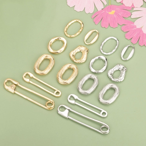 18K Gold Plated Copper DIY Jewelry Accessories Minimalist Geometric Oval Connectors Twisted Hammered Safety Pin For Women