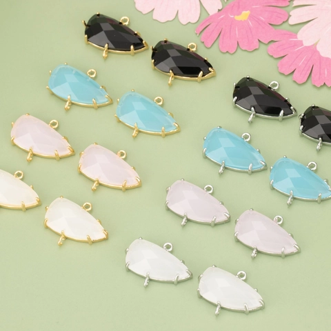 18K Gold Plated Copper Irregular Faceted Glass Double Ring Pendant Charms For DIY Earring Necklace Jewelry Making Accessories