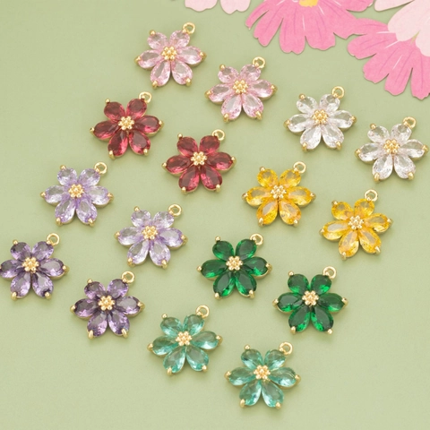 18K Vergoldeter Kupfer Blumen Anhänger Mit Bunten Zirkonia DIY Schmuck Zubehör Für Halsketten Ohrringe