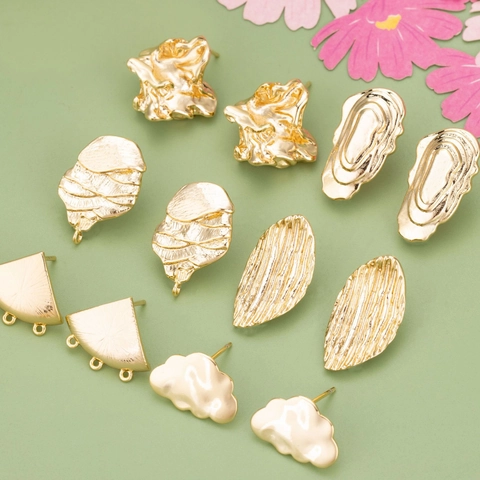 18K Gold Plated Copper Irregular Textured Earring Posts With Loop For DIY Jewelry Making Findings Earring Base Accessories