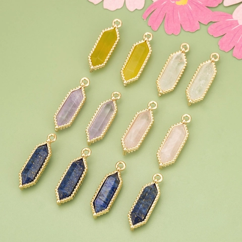 Koperen Natuursteen Zeshoekig Prisma Hanger Goud Verguld Milgrain Rand DIY Sieraden Maken Accessoire Voor Kettingen Oorbellen