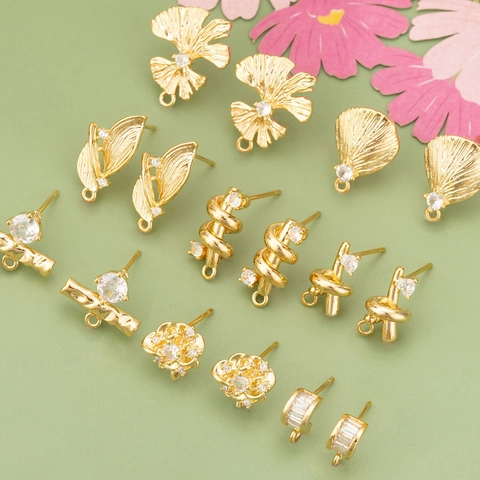 Postes de Pendientes Cobre Circonia Elegante Diseño Hoja Nudo Accesorios Joyería DIY Oro Plata