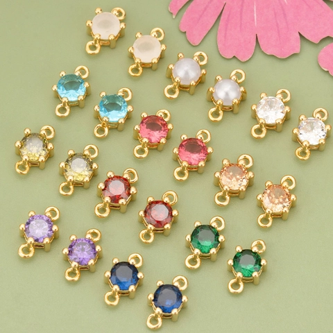 18K Gold Plated Copper Round Mini Zirconia Connector Double Loop Pendants For DIY Earrings Necklace Jewelry Making Accessories