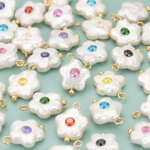Handmade Flower Artificial Baroque Pearl Colorful Zircon DIY Jewelry Pendant Connectors Double Loop For Necklace Earring Making Parts