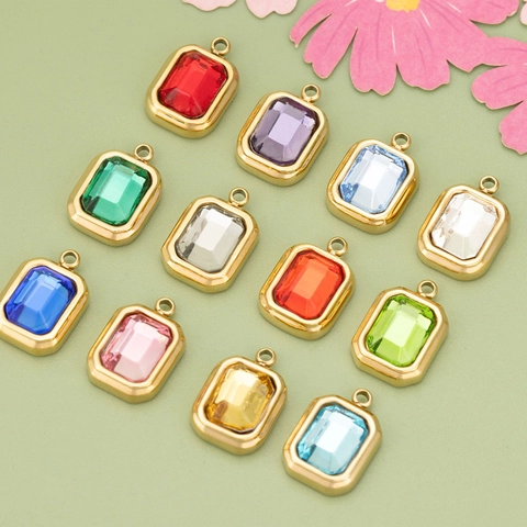 Stainless Steel Rectangular Birthstone Rhinestone Charms DIY Pendants For Jewelry Making Necklace Earrings Accessories
