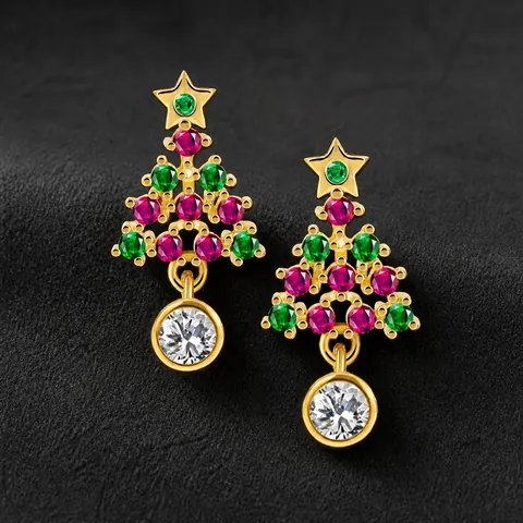 Boucles d'Oreilles Clous Sapin de Noël en Zirconia Avec Tige en Argent Sterling 925 Plaquées Or Pierre Multicolore Bijoux Femme