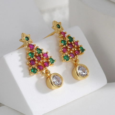 Boucles d'Oreilles Clous Sapin de Noël en Zirconia Avec Tige en Argent Sterling 925 Plaquées Or Pierre Multicolore Bijoux Femme