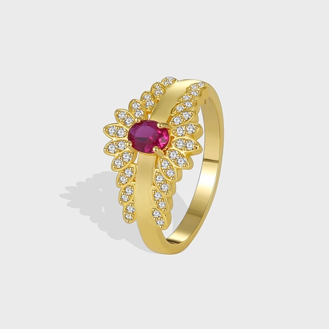 Anillo de Latón Vintage Francés Bañado en Oro Con Circonia Roja para Mujer Joyería de Lujo Geométrica Incrustada de Circonia