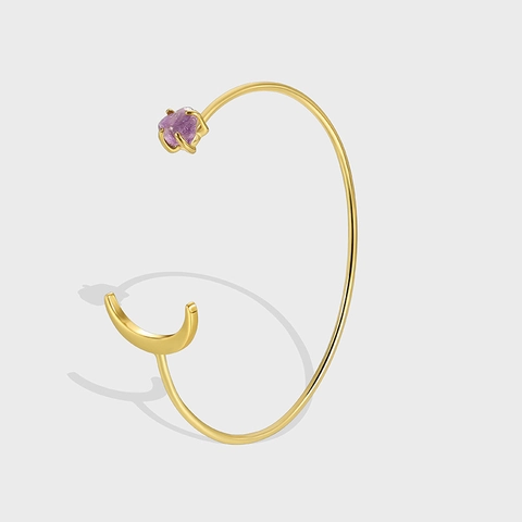 Brazalete Abierto en Forma de Luna para Mujer de Cobre Chapado en Oro Con Piedra de Amatista Bruta Púrpura Joyería Elegante