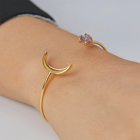 Brazalete Abierto en Forma de Luna para Mujer de Cobre Chapado en Oro Con Piedra de Amatista Bruta Púrpura Joyería Elegante
