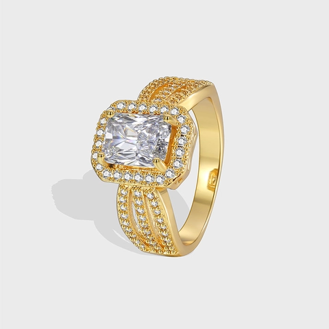 Bague Halo de Luxe en Zircone Rectangulaire Taille Émeraude Plaqué Or Véritable Cuivre Bagues CZ pour Femmes Bijoux