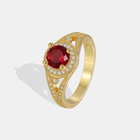 Bague en Cuivre Plaqué Or avec Zirconia Rouge Rond Vintage Français Femme Simple Micro Incrusté Bijoux CZ Moderne