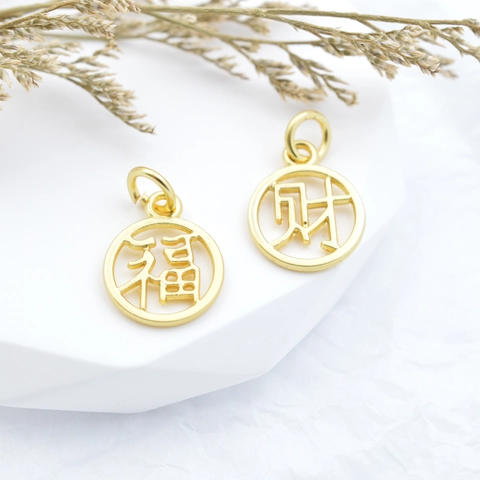 Alloy Electroplated Gold Chinese Character Charms Hollow Round Fu Cai Ji Pendants For DIY Bracelet Necklace Jewelry Making Finding