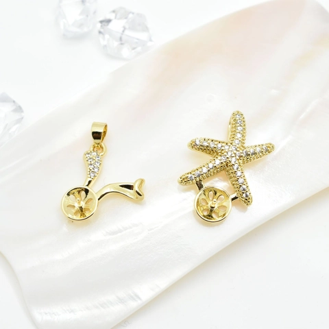 Gold Plated Copper Starfish Bunny Ear Pendant Micro Inlaid Zirconia Artificial Pearl Setting Jewelry Making Findings For DIY Pendants
