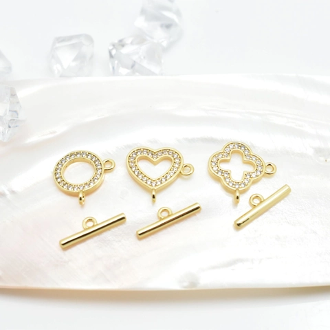 Copper Gold Plated Zirconia Heart Clover Toggle Clasp For Jewelry Making Round OT Buckle For Necklace Bracelet Connecting