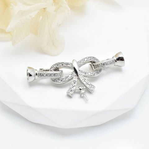 Elegant Copper Bowknot Jewelry Clasp Only (Without Chain) Rhinestone Inlaid Connector For DIY Pearl Necklace Bracelet Making