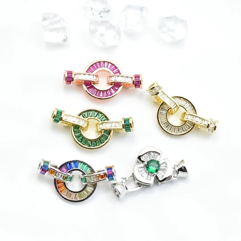 DIY Copper Jewelry Connector Round Disk Clasp With Zirconia For Necklace Bracelet Making Colorful Red Green Stone Clasp