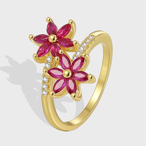 Elegante Anillo de Cobre de Doble Flor para Mujer Con Diamante de Imitación Marquise Gema de Corte Marquise Incrustada Moda Anillo de Dedo Joyería Diaria Regalo