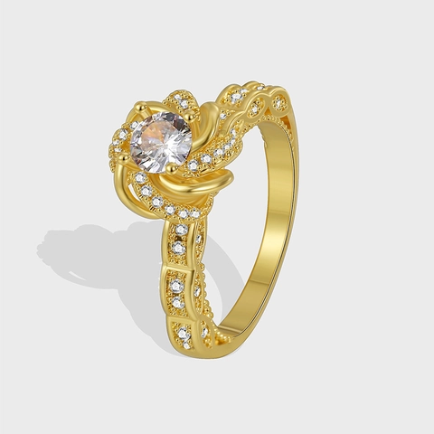 Luxury Gold Plated Copper Rotating Flower Ring For Women Vintage Inlaid Zirconia Crown Design Fashion Jewelry Gift