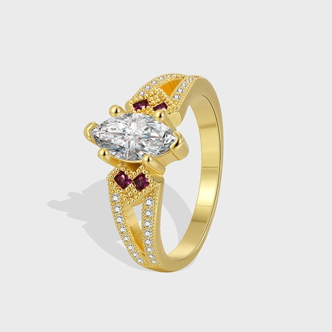 Vintage Vergoldeter Kupferring Mit Marquise Weißen Zirkonia Roten Akzentsteinen Royal Palast Stil Hochzeit Party Schmuck Damen