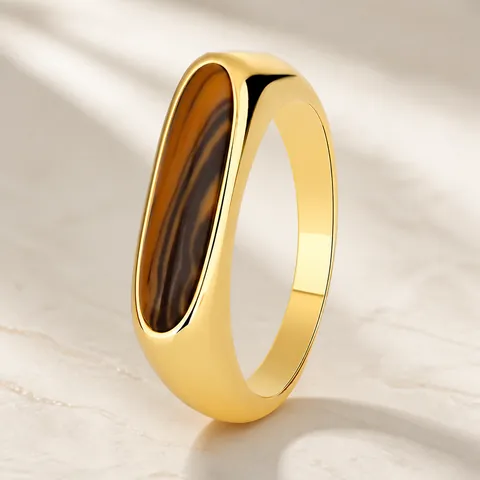 Europäisch Amerikanischer Minimalistischer Eleganter Tigerauge Ring Kupfer Vergoldet Vintage Glatter Breiter Bandring Für Damen Mode Schmuck