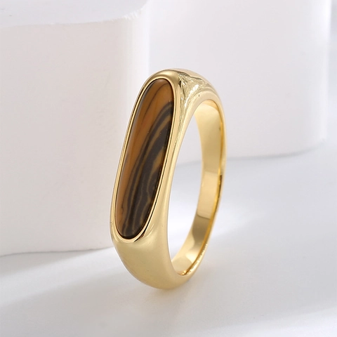 Europäisch Amerikanischer Minimalistischer Eleganter Tigerauge Ring Kupfer Vergoldet Vintage Glatter Breiter Bandring Für Damen Mode Schmuck