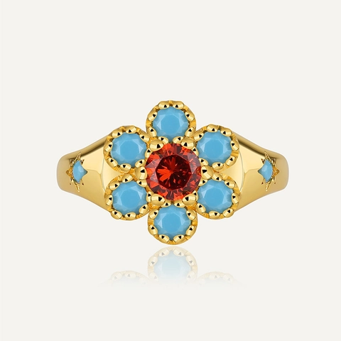 Anillo de Cobre con Flor Vintage con Circonia para Mujer Chapado en Oro Piedras Azules Bohemias Piedra Central Roja Joyería