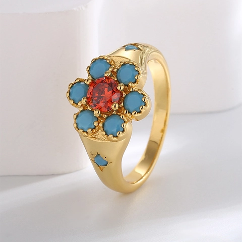Anillo de Cobre con Flor Vintage con Circonia para Mujer Chapado en Oro Piedras Azules Bohemias Piedra Central Roja Joyería
