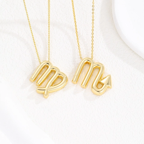Gold Plated Alloy Zodiac Constellation Pendant Necklace Chubby Bubble Balloon Style Twelve Signs Jewelry Gift For Women