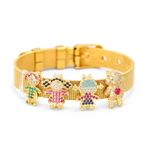 Edelstahl Mesh-Armband Mit Cartoon Junge Mädchen Anhänger Bunte Strass Eingelegt Verstellbarer Schmuck Für Damen