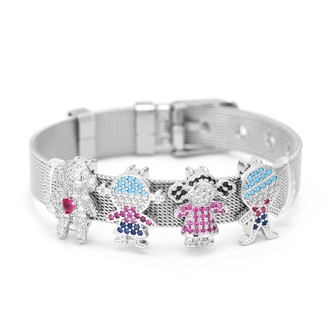 Edelstahl Mesh-Armband Mit Cartoon Junge Mädchen Anhänger Bunte Strass Eingelegt Verstellbarer Schmuck Für Damen