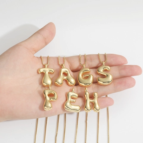 Initial Alphabet Letter Pendant Necklace Gold Balloon Bubble Puffy Copper Fashion Jewelry Gift For Women Girls