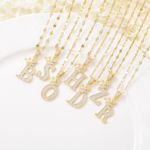 Copper Crown Initial Letter Pendant Necklace Zirconia Inlaid Gold Silver A-Z Name Necklaces For Women Fashion Jewelry