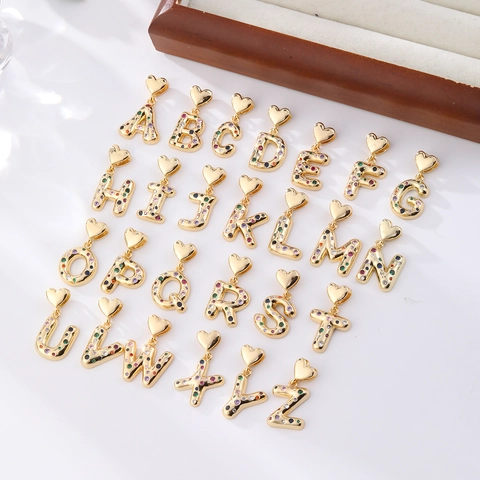 Copper Colorful Zirconia Initial Letter Pendant Necklace With Heart Clasp Gold Plated Alphabet Necklace For Women