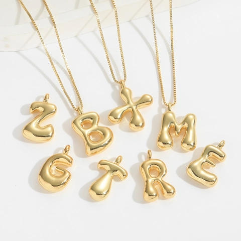 Initial Alphabet Letter Pendant Necklace Gold Balloon Bubble Puffy Copper Fashion Jewelry Gift For Women Girls