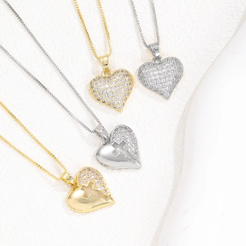 Elegant Copper Zirconia Heart Pendant Necklace For Women Gold Silver Pave Cross Design Fashion Jewelry With Box Chain