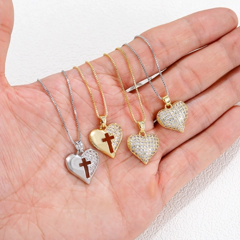 Elegant Copper Zirconia Heart Pendant Necklace For Women Gold Silver Pave Cross Design Fashion Jewelry With Box Chain