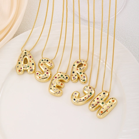 Puffy Bubble Letter Necklace Pendant And Chain Colorful Zircon Inlaid Copper Alphabet Jewelry Hip Hop Style For Women
