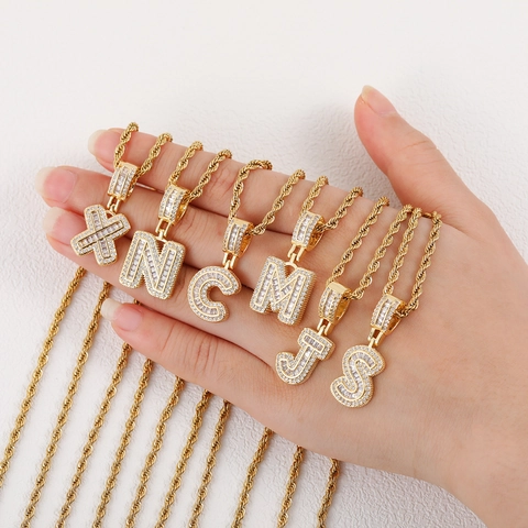 Hip Hop Alphabet Pendant Necklace Iced Out Baguette Rhinestone Initial Letter Copper Rope Chain Jewelry For Men Women