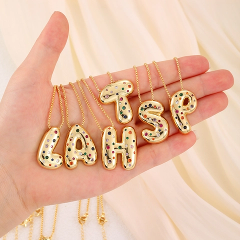 Puffy Bubble Letter Necklace Pendant And Chain Colorful Zircon Inlaid Copper Alphabet Jewelry Hip Hop Style For Women