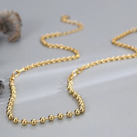 Collar de Cadena de Cuentas de Cobre Bañado en Oro de 18K Minimalista para Mujer Elegante Choker de Bola de Oro y Cadena de Eslabones