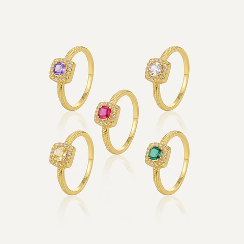 Anillo Halo de Cobre Chapado en Oro Vintage con Zirconia Cuadrada para Mujer Moda Banda Texturizada Joyería Regalo