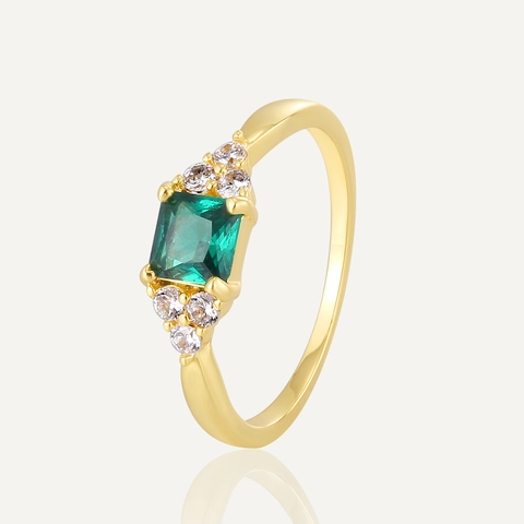Anello in Rame Placcato Oro Vintage Francese Per Donna Zirconia Cubica Verde Taglio Smeraldo Quadrato Gioielli di Lusso