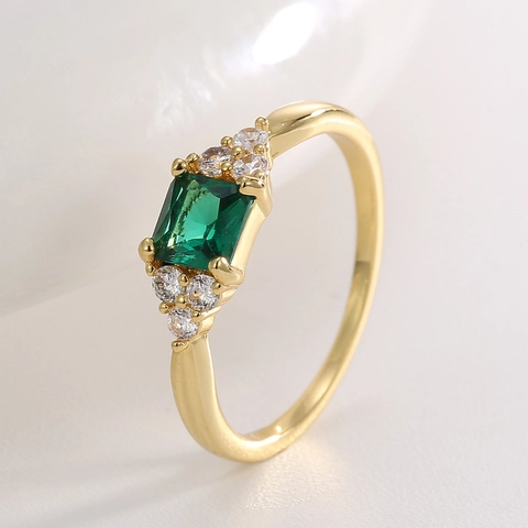 Anello in Rame Placcato Oro Vintage Francese Per Donna Zirconia Cubica Verde Taglio Smeraldo Quadrato Gioielli di Lusso