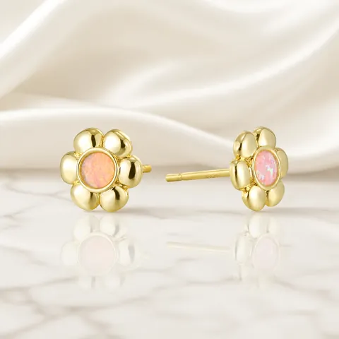 Vintage Gold Plated Copper Flower Stud Earrings With 925 Sterling Silver Post Artificial Pink Opal Jewelry For Women