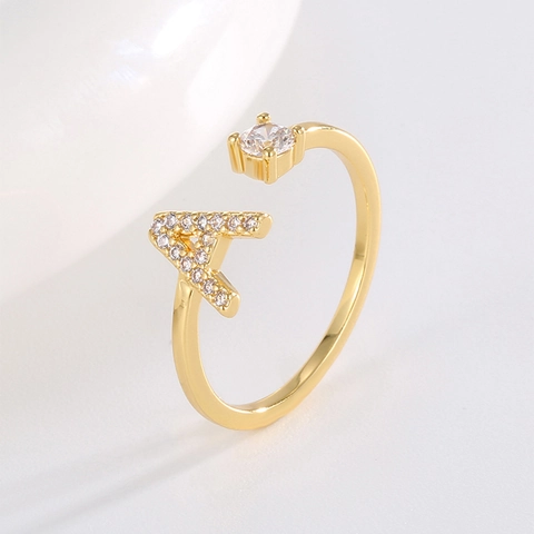 Anillo Abierto con Letra Inicial de Cobre Chapado en Oro de 18K Con Zirconia Cúbica Anillo Ajustable de Alfabeto Minimalista Joyería