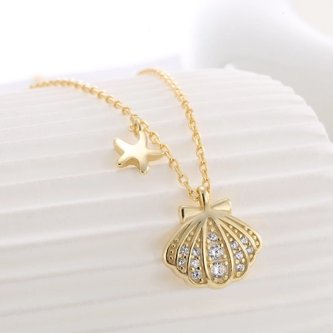 925 Sterlingsilber Seestern Muschel Anhänger Halskette Für Damen Vergoldet Strass Ozean Thema Sommer Resort Schmuck Geschenk