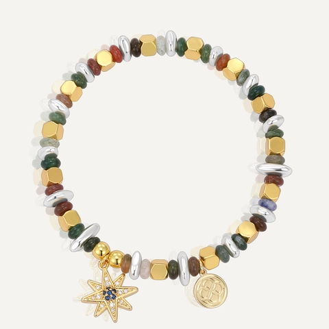 Handmade Vintage Eight-Pointed Star Zirconia Indian Agate Beaded Bracelet For Women Gold Plated Coin Pendant Bracelet