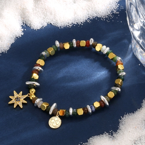 Handmade Vintage Eight-Pointed Star Zirconia Indian Agate Beaded Bracelet For Women Gold Plated Coin Pendant Bracelet